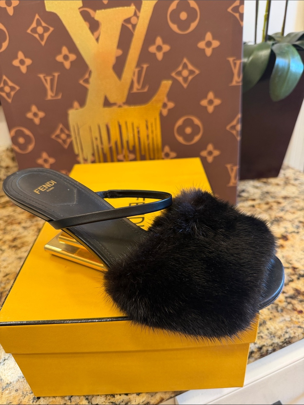 Fendi Black Fur Slide Mules with Gold Heel Accent